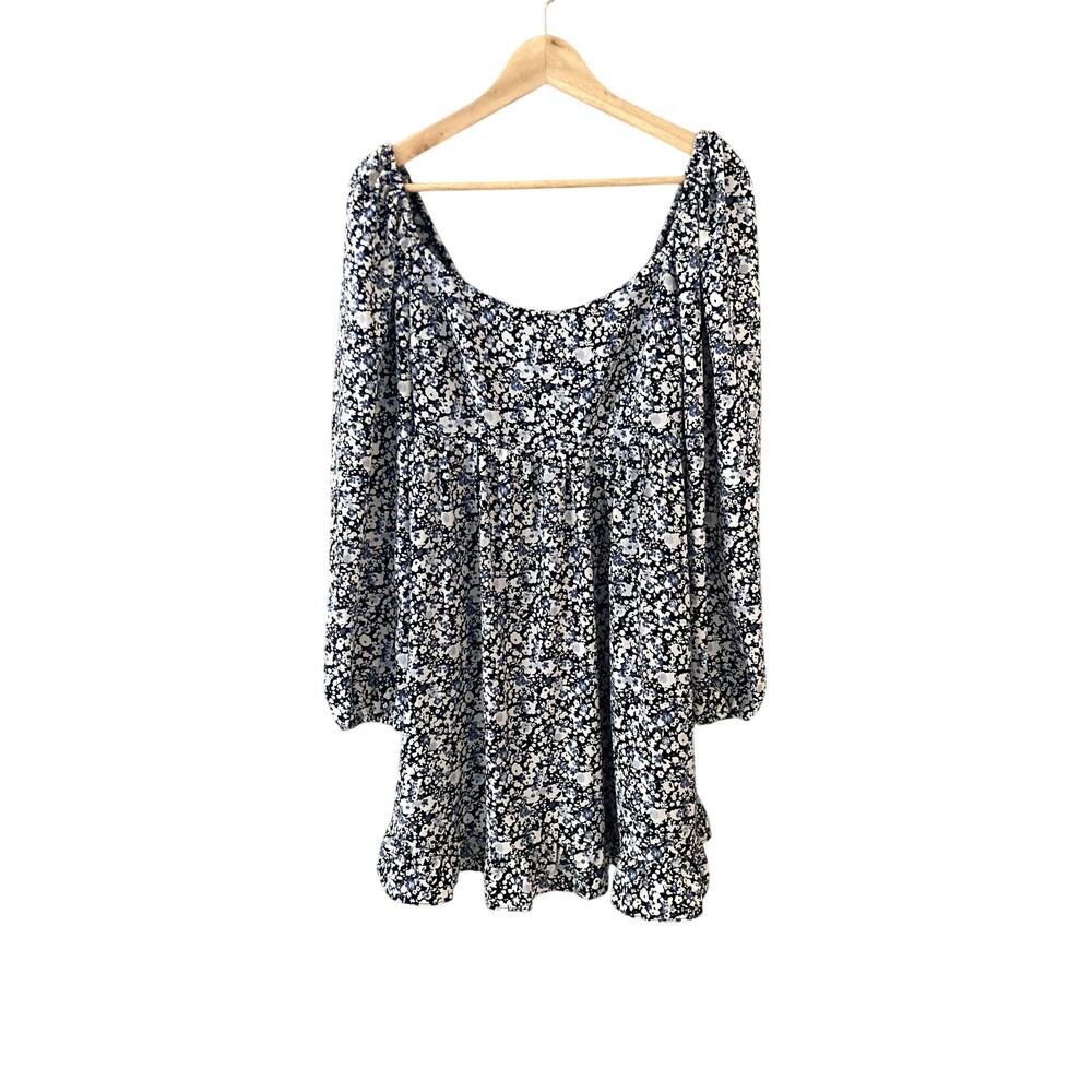 Abercrombie & Fitch Smocked Square Neck Long Sleeve Floral Dress Blue Medium T